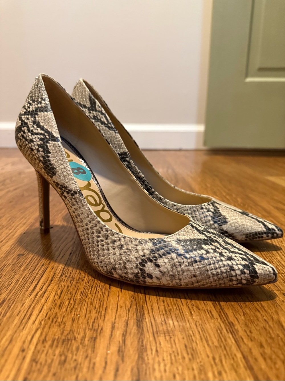 Sam Edelman Snake-Print Pointed Toe Pumps in Beige and Black